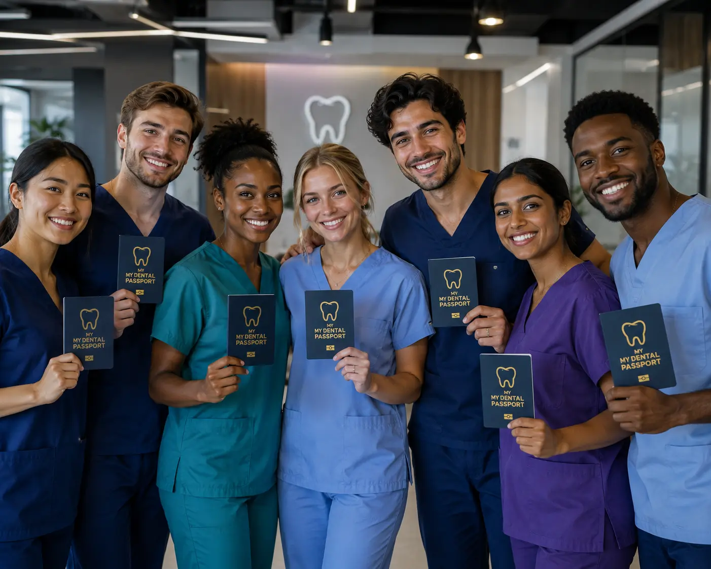 Diverse group of dentists in scrubs holding Dental Passports