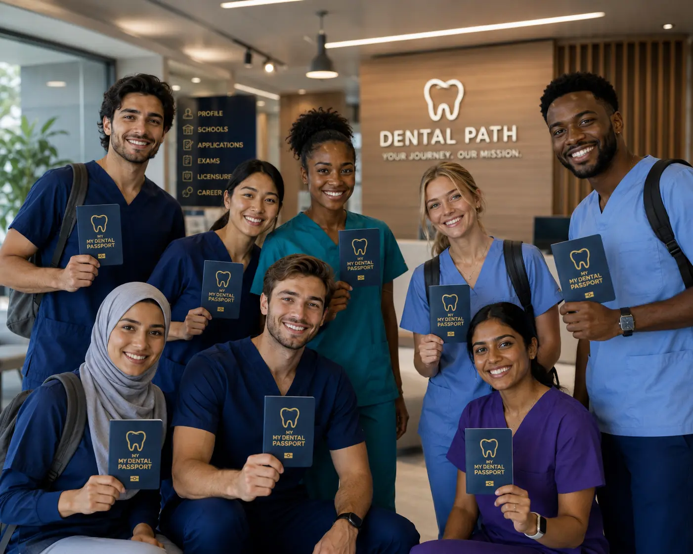 Group of dental applicants holding their Dental Passports in a clinic lobby