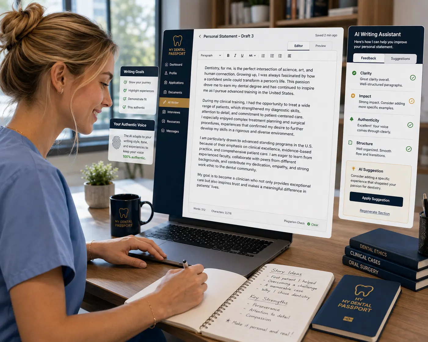 Personal statement editor with a writing assistant giving clarity and impact feedback