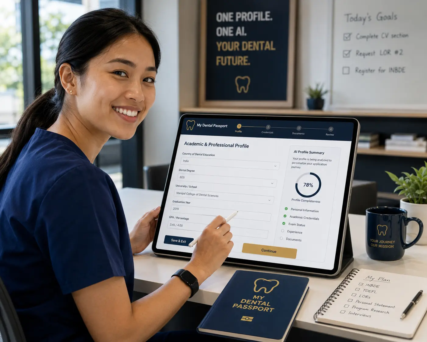Applicant filling in the academic and professional profile step of the Dental Passport